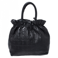 Pre Owned CH Carolina Herrera Black Monogram Embossed Leather Bucket Bag