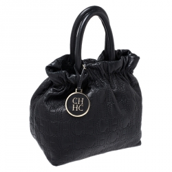 Pre Owned CH Carolina Herrera Black Monogram Embossed Leather Bucket Bag