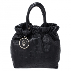 Pre Owned CH Carolina Herrera Black Monogram Embossed Leather Bucket Bag