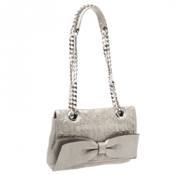 Pre Owned Carolina Herrera Metallic Silver Monogram Leather Audrey Shoulder Bag