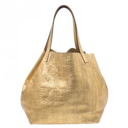Pre Owned Carolina Herrera Metallic Gold Monogram Leather Matryoshka Tote