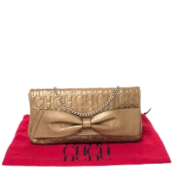 Pre Owned Carolina Herrera Gold Monogram Leather Bow Chain Clutch