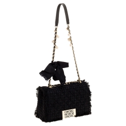 Pre Owned Carolina Herrera Black Tweed and Fabric Faux Pearl Embellished Shoulder Bag