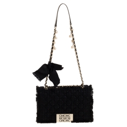 Pre Owned Carolina Herrera Black Tweed and Fabric Faux Pearl Embellished Shoulder Bag