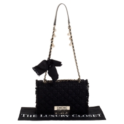 Pre Owned Carolina Herrera Black Tweed and Fabric Faux Pearl Embellished Shoulder Bag