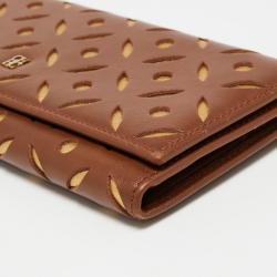 مملوكة مسبقًا CH Carolina Herrera Brown/Gold Laser Cut Leather Long Trifold Wallet