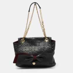 Pre Owned CH Carolina Herrera Black Monogram Leather Audrey Shoulder Bag