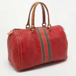 Pre Owned CH Carolina Herrera Red Monogram Leather Andy Boston Bag