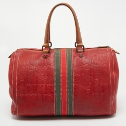 Pre Owned CH Carolina Herrera Red Monogram Leather Andy Boston Bag