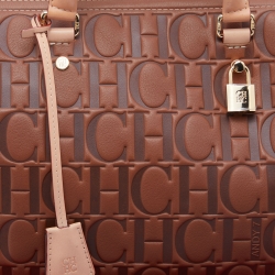Pre Owned CH Carolina Herrera Brown Monogram Embossed Leather Andy Boston Bag
