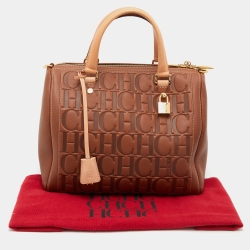 Pre Owned CH Carolina Herrera Brown Monogram Embossed Leather Andy Boston Bag