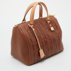 Pre Owned CH Carolina Herrera Brown Monogram Embossed Leather Andy Boston Bag