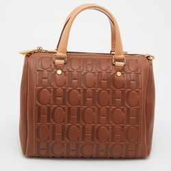 Pre Owned CH Carolina Herrera Brown Monogram Embossed Leather Andy Boston Bag