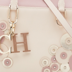 Pre Owned CH Carolina Herrera Beige/Pink Leather Applique Studded Boston Bag 