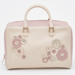 Pre Owned CH Carolina Herrera Beige/Pink Leather Applique Studded Boston Bag 