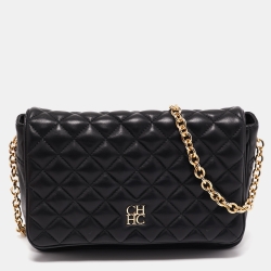 Pre Owned CH Carolina Herrera Black Quilted Leather Flap Chain Shoulder Bag
