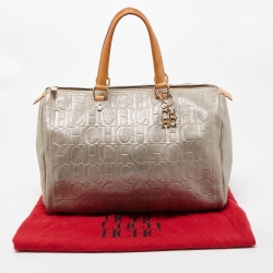 Pre Owned CH Carolina Herrera Silver Shimmer Monogram Leather Andy Boston Bag