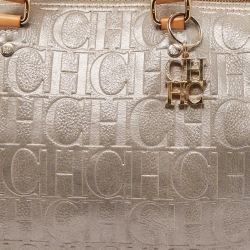 Pre Owned CH Carolina Herrera Silver Shimmer Monogram Leather Andy Boston Bag