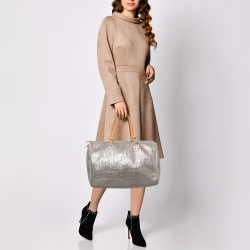 Pre Owned CH Carolina Herrera Silver Shimmer Monogram Leather Andy Boston Bag