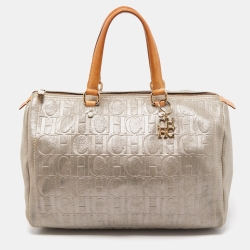Pre Owned CH Carolina Herrera Silver Shimmer Monogram Leather Andy Boston Bag