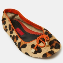 Pre Owned CH Carolina Herrera Brown/Orange Calfhair Bow Ballet Flats Size 38