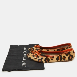Pre Owned CH Carolina Herrera Brown/Orange Calfhair Bow Ballet Flats Size 38