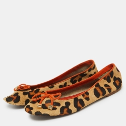 Pre Owned CH Carolina Herrera Brown/Orange Calfhair Bow Ballet Flats Size 38