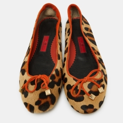 Pre Owned CH Carolina Herrera Brown/Orange Calfhair Bow Ballet Flats Size 38