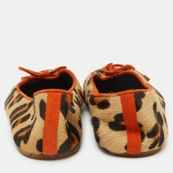 Pre Owned CH Carolina Herrera Brown/Orange Calfhair Bow Ballet Flats Size 38