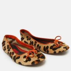 Pre Owned CH Carolina Herrera Brown/Orange Calfhair Bow Ballet Flats Size 38