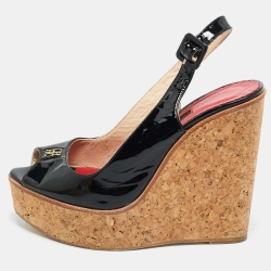 Pre Owned CH Carolina Herrera Black Patent Leather Peep Toe Bow Espadrille Wedge Sandals Size 38
