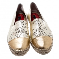 Pre Owned CH Carolina Herrera Metallic Gold Leather Espadrilles Size 38