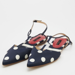 Pre Owned CH Carolina Herrera Navy Blue/White Polka Dot Satin T Strap Sandals Size 40