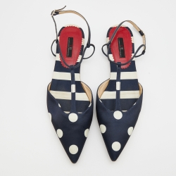 Pre Owned CH Carolina Herrera Navy Blue/White Polka Dot Satin T Strap Sandals Size 40