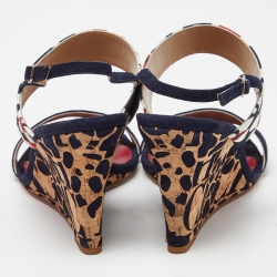 Pre Owned CH Carolina Herrera Multicolor Satin and Suede Cork Wedge Slingback Sandals Size 39