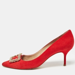 Pre Owned CH Carolina Herrera Red Suede Crystal Embellished Pumps Size 40