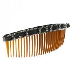 Pre Owned Chanel Classic Black Leather Chain Link Hair Comb