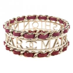 Pre Owned Chanel Make Fashion Not War Leather Gold Tone Wide Bangle Bracelet 20cm