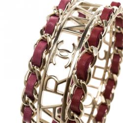 Pre Owned Chanel Make Fashion Not War Leather Gold Tone Wide Bangle Bracelet 20cm