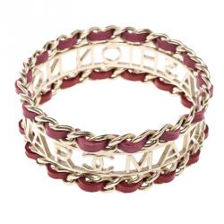 Pre Owned Chanel Make Fashion Not War Leather Gold Tone Wide Bangle Bracelet 20cm