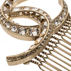 Pre Owned Chanel CC Crystal Embellished Gold Tone Hair Comb