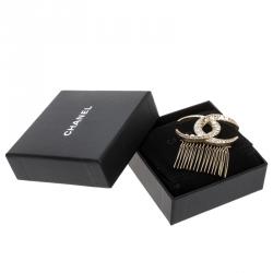 Pre Owned Chanel CC Crystal Embellished Gold Tone Hair Comb