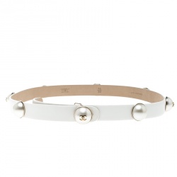 Pre Owned Chanel White Leather Pearl Embellished Belt 75cm