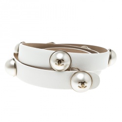Pre Owned Chanel White Leather Pearl Embellished Belt 75cm