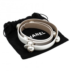 Pre Owned Chanel White Leather Pearl Embellished Belt 75cm