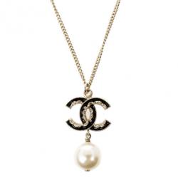 Pre Owned Chanel CC Black Enamel and Dangle Pearl Necklace
