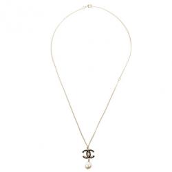 Pre Owned Chanel CC Black Enamel and Dangle Pearl Necklace