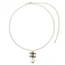 Pre Owned Chanel CC Black Enamel and Dangle Pearl Necklace