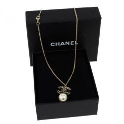 Pre Owned Chanel CC Black Enamel and Dangle Pearl Necklace