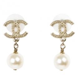 CHANEL pearl earrings CC logo matte gold pink stone engraving no  accessories